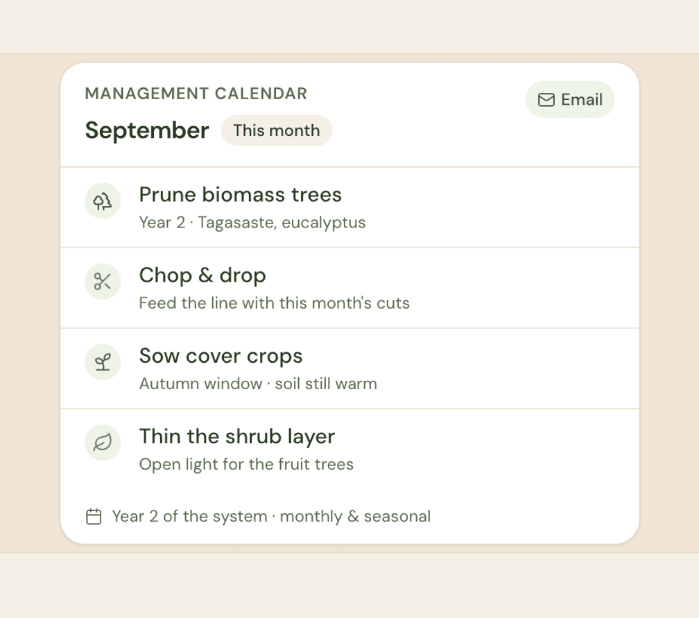 September management calendar with monthly tasks to prune biomass trees, chop and drop, sow cover crops, and thin the shrub layer in year 2