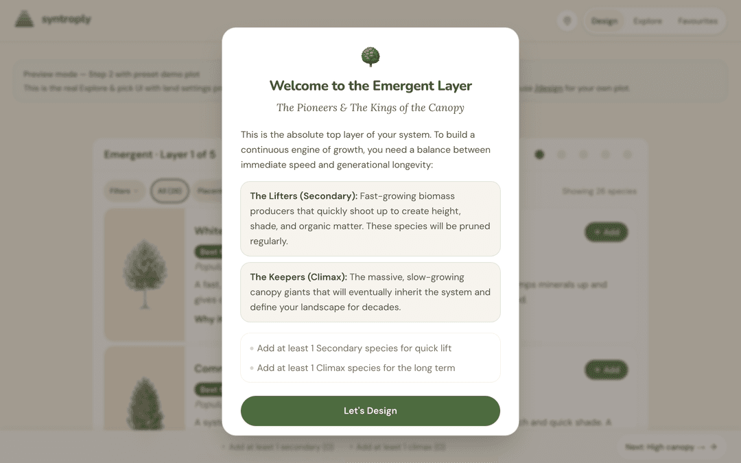 Syntroply design interface showing a tree line organised by canopy layers